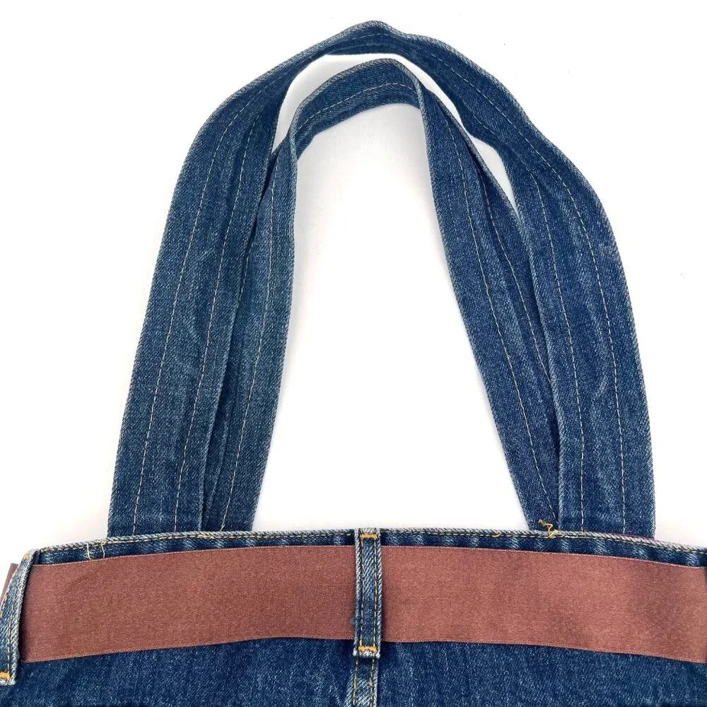 Upcycled Denim Handbag Purse Chic Beaded Pockets & Brown Ribbon FM Jeans Button - Picture 8 of 14